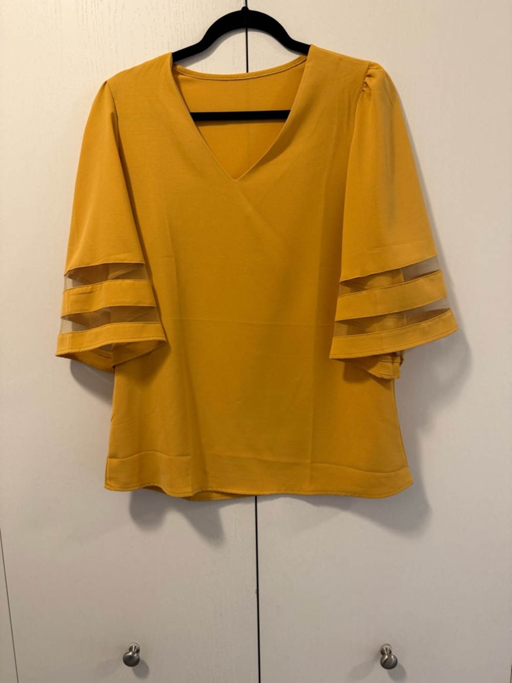 V-Neck Mustard Flutter Sleeve Blouse